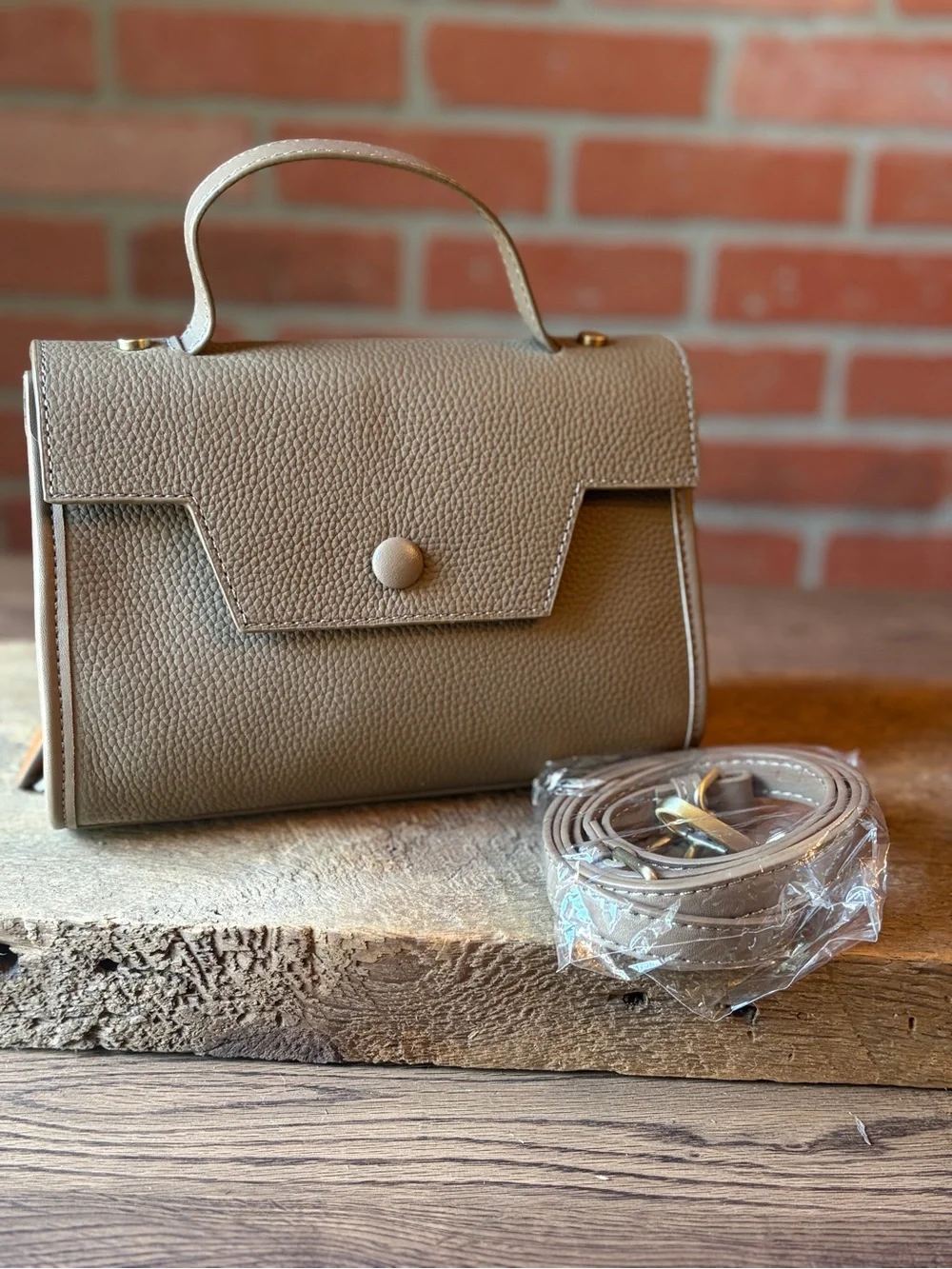 Luxury Style Top Handle Bag - Taupe Leather Purse with Custom Logo & Bear Tag